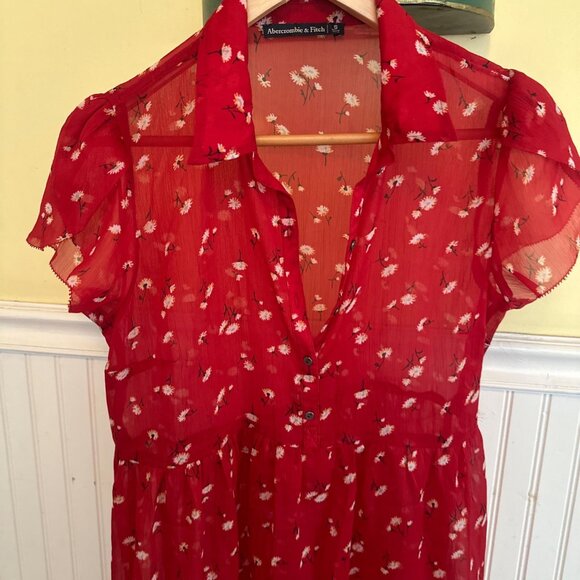 Abercrombie & Fitch Red Floral Sheer Short-Sleeve babydoll Dress S - Picture 7 of 8